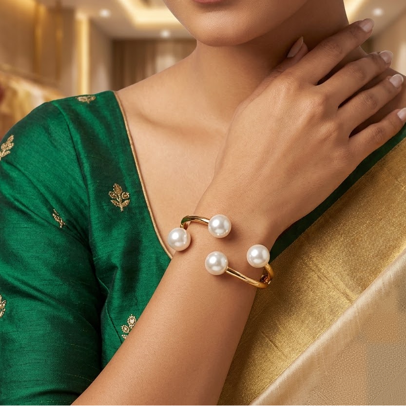 Gold-Tone Vertical Pearl Stack Cuff Bangle | Lady Zone
