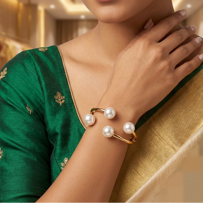 Gold-Tone Vertical Pearl Stack Cuff Bangle | Lady Zone