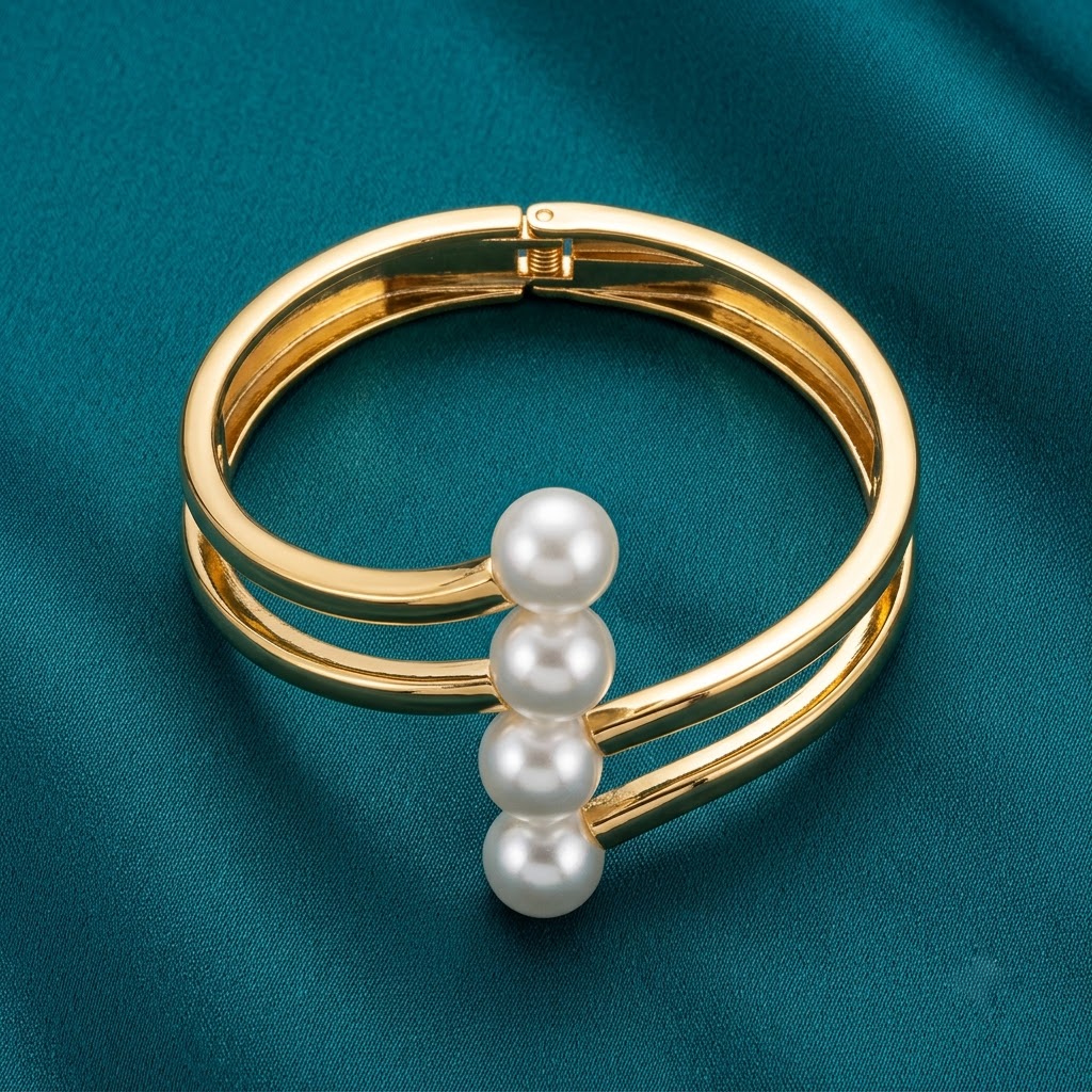 Gold-Tone Vertical Pearl Stack Cuff Bangle | Lady Zone
