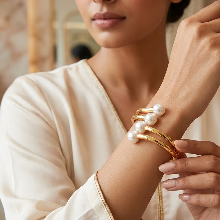 Gold-Tone Vertical Pearl Stack Cuff Bangle | Lady Zone