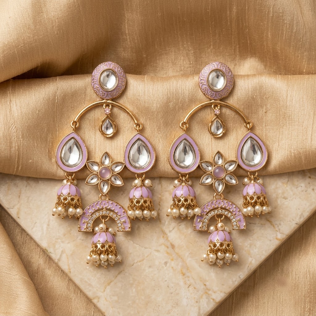 Gold-Tone Meenakari & Kundan Chandbali Jhumkas | Lady Zone
