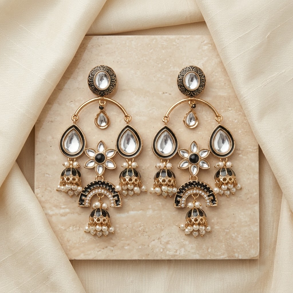 Gold-Tone Meenakari & Kundan Chandbali Jhumkas | Lady Zone