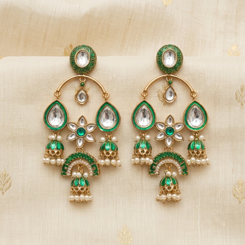 Gold-Tone Meenakari & Kundan Chandbali Jhumkas | Lady Zone