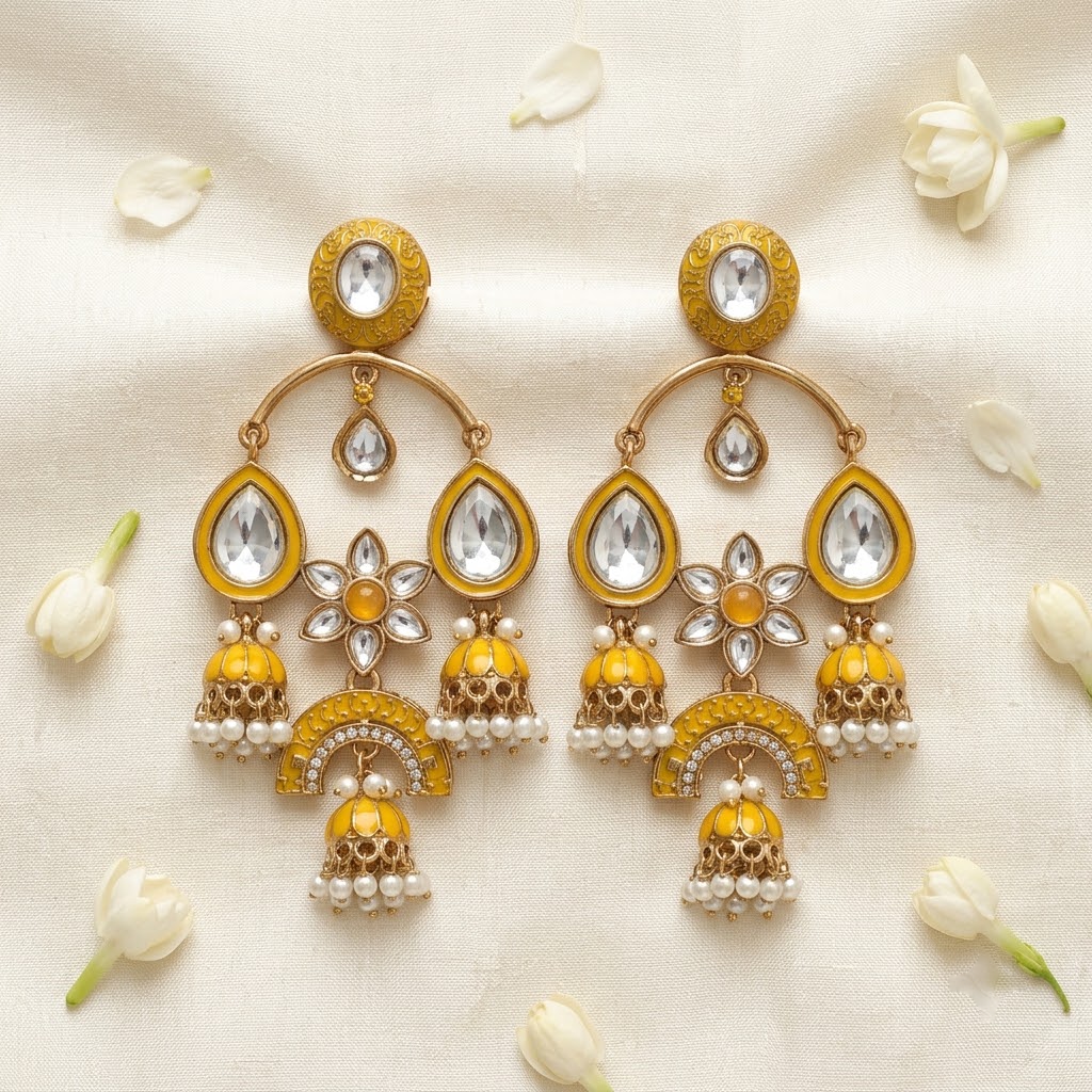 Gold-Tone Meenakari & Kundan Chandbali Jhumkas | Lady Zone