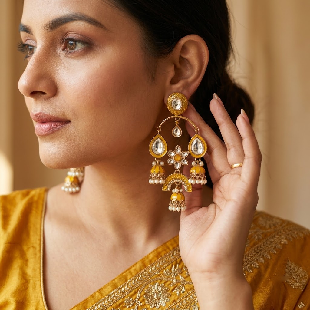 Gold-Tone Meenakari & Kundan Chandbali Jhumkas | Lady Zone