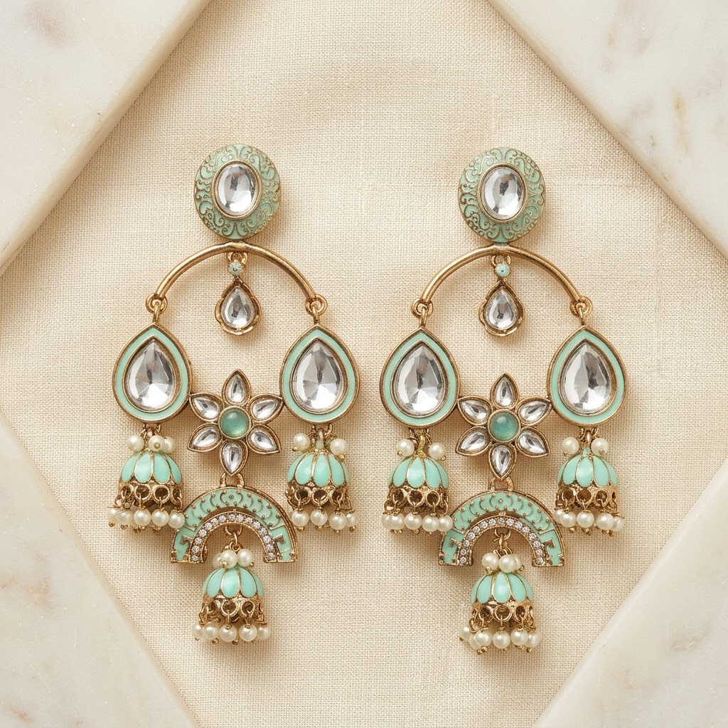 Gold-Tone Meenakari & Kundan Chandbali Jhumkas | Lady Zone