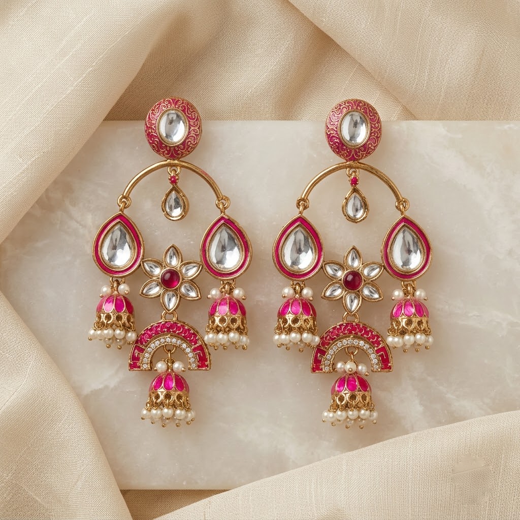 Gold-Tone Meenakari & Kundan Chandbali Jhumkas | Lady Zone
