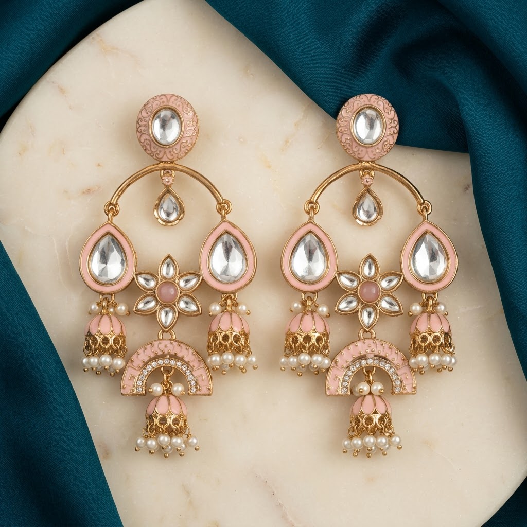 Gold-Tone Meenakari & Kundan Chandbali Jhumkas | Lady Zone