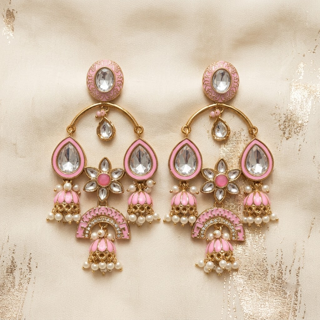 Gold-Tone Meenakari & Kundan Chandbali Jhumkas | Lady Zone