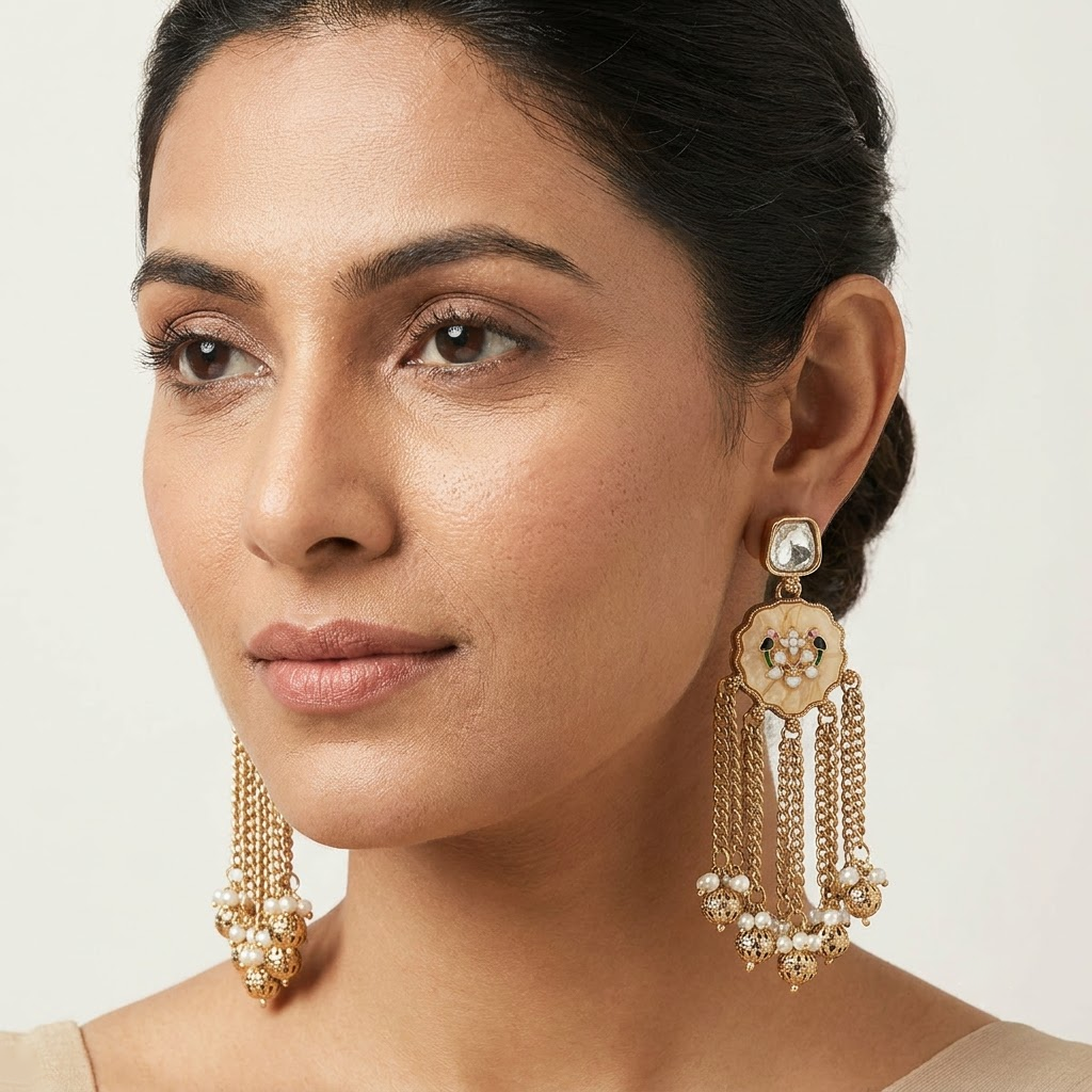 Gold-Tone Meenakari Bird & Cascading Chain Earrings | Lady Zone