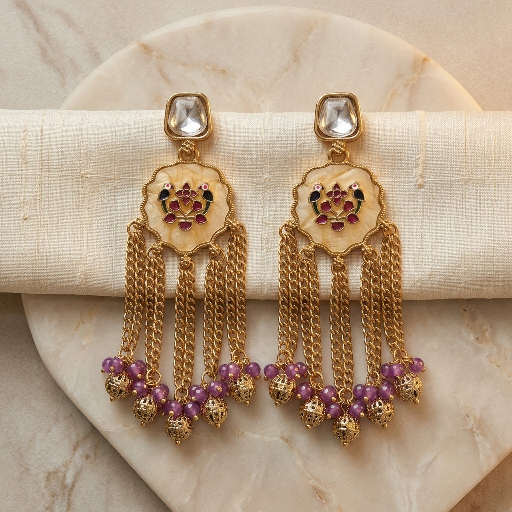 Gold-Tone Meenakari Bird & Cascading Chain Earrings | Lady Zone