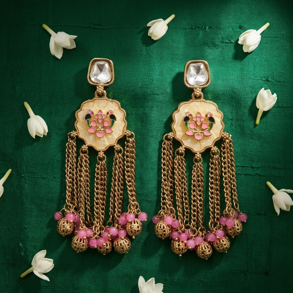 Gold-Tone Meenakari Bird & Cascading Chain Earrings | Lady Zone