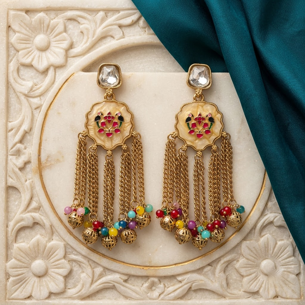 Gold-Tone Meenakari Bird & Cascading Chain Earrings | Lady Zone
