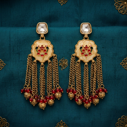 Gold-Tone Meenakari Bird & Cascading Chain Earrings | Lady Zone