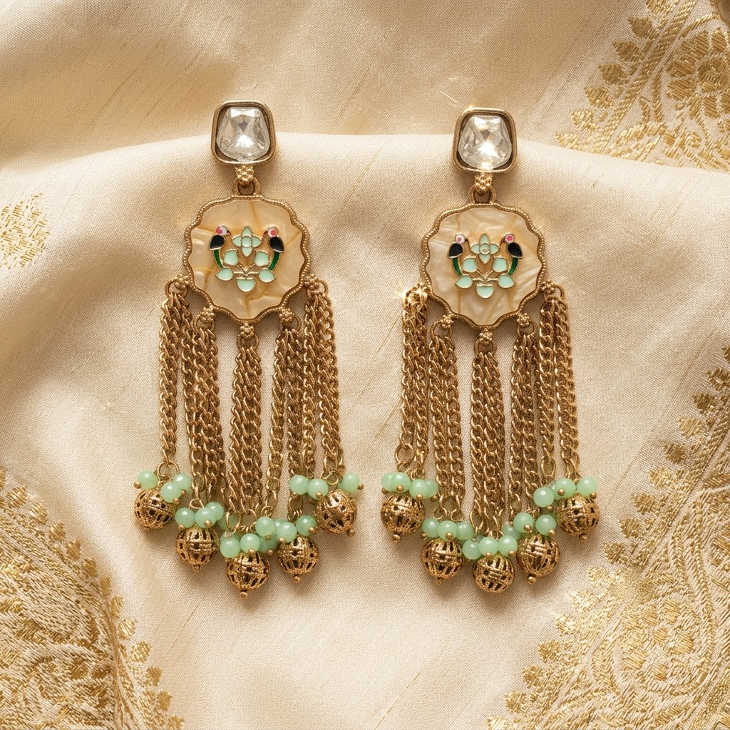 Gold-Tone Meenakari Bird & Cascading Chain Earrings | Lady Zone