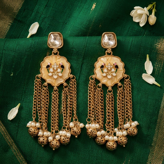 Gold-Tone Meenakari Bird & Cascading Chain Earrings | Lady Zone