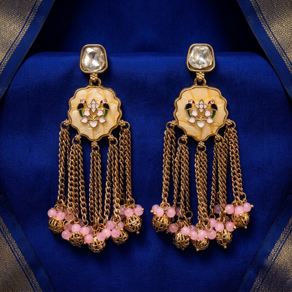 Gold-Tone Meenakari Bird & Cascading Chain Earrings | Lady Zone