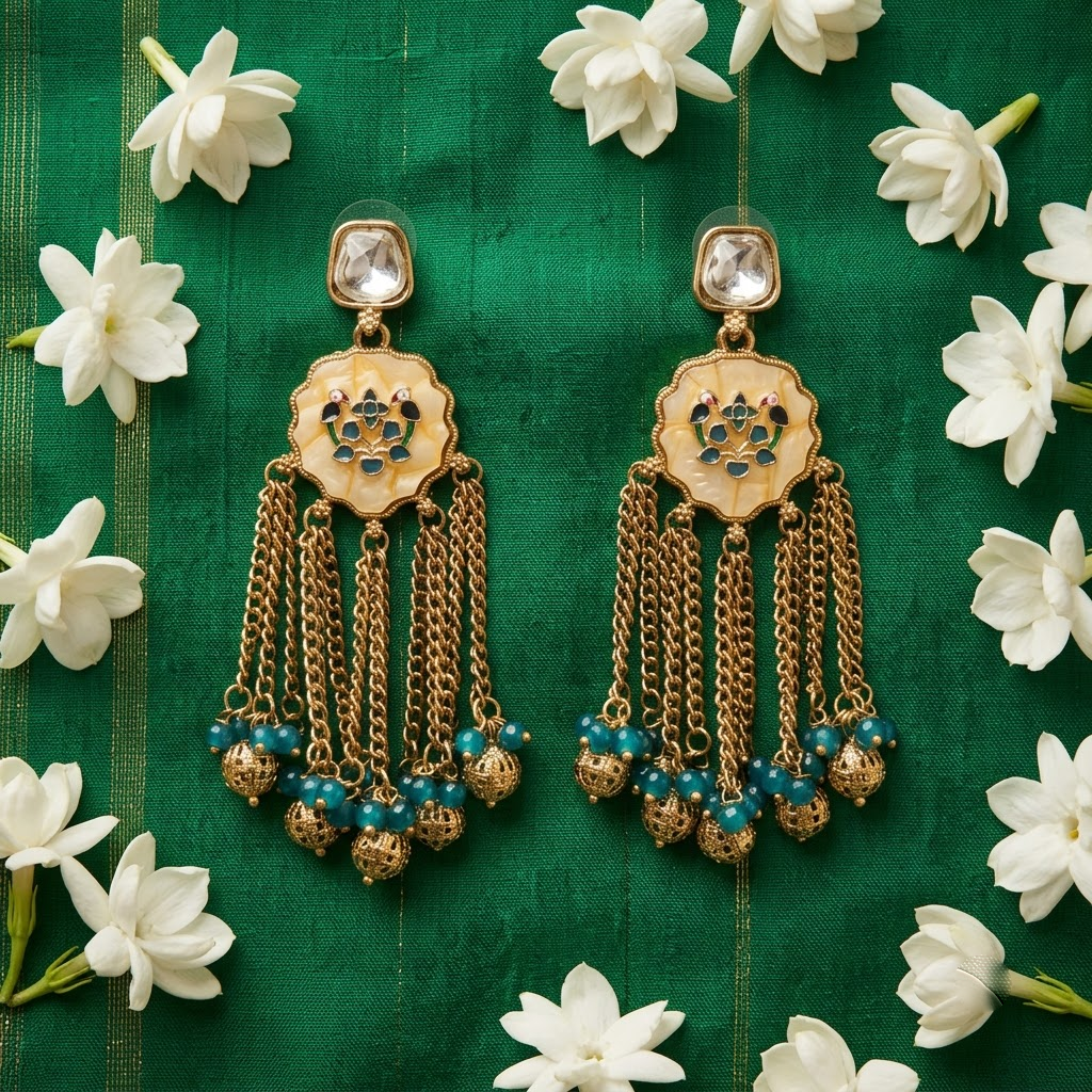 Gold-Tone Meenakari Bird & Cascading Chain Earrings | Lady Zone