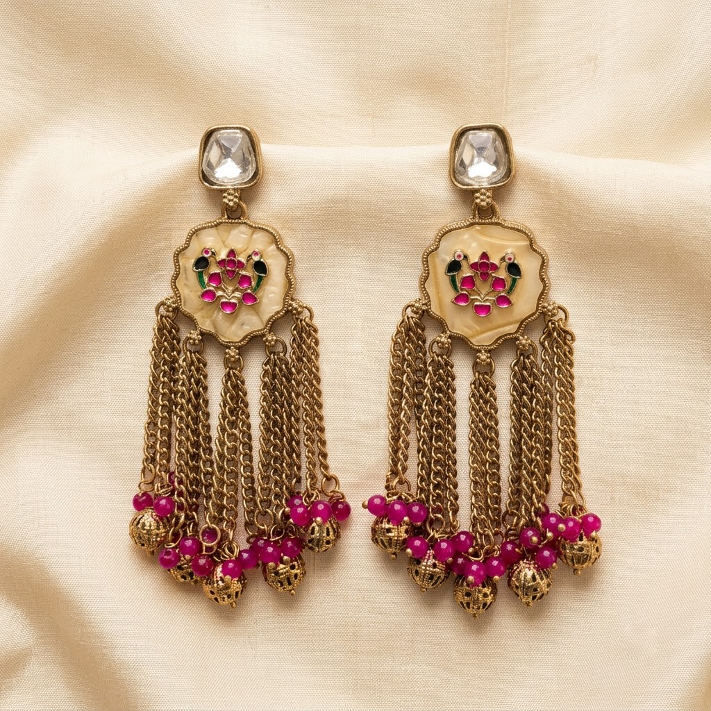 Gold-Tone Meenakari Bird & Cascading Chain Earrings | Lady Zone