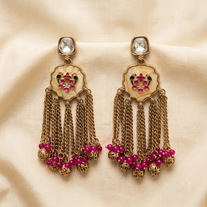 Gold-Tone Meenakari Bird & Cascading Chain Earrings | Lady Zone