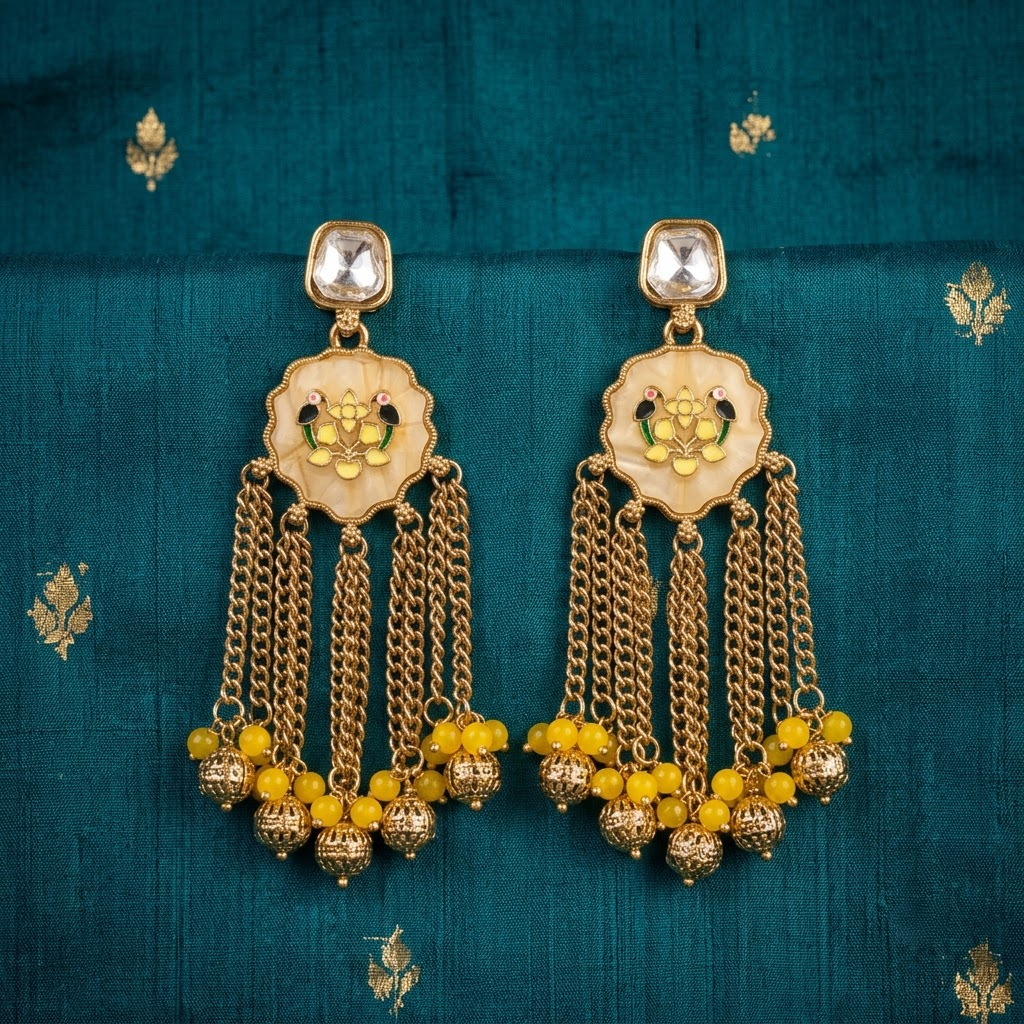 Gold-Tone Meenakari Bird & Cascading Chain Earrings | Lady Zone