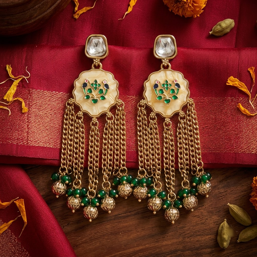Gold-Tone Meenakari Bird & Cascading Chain Earrings | Lady Zone