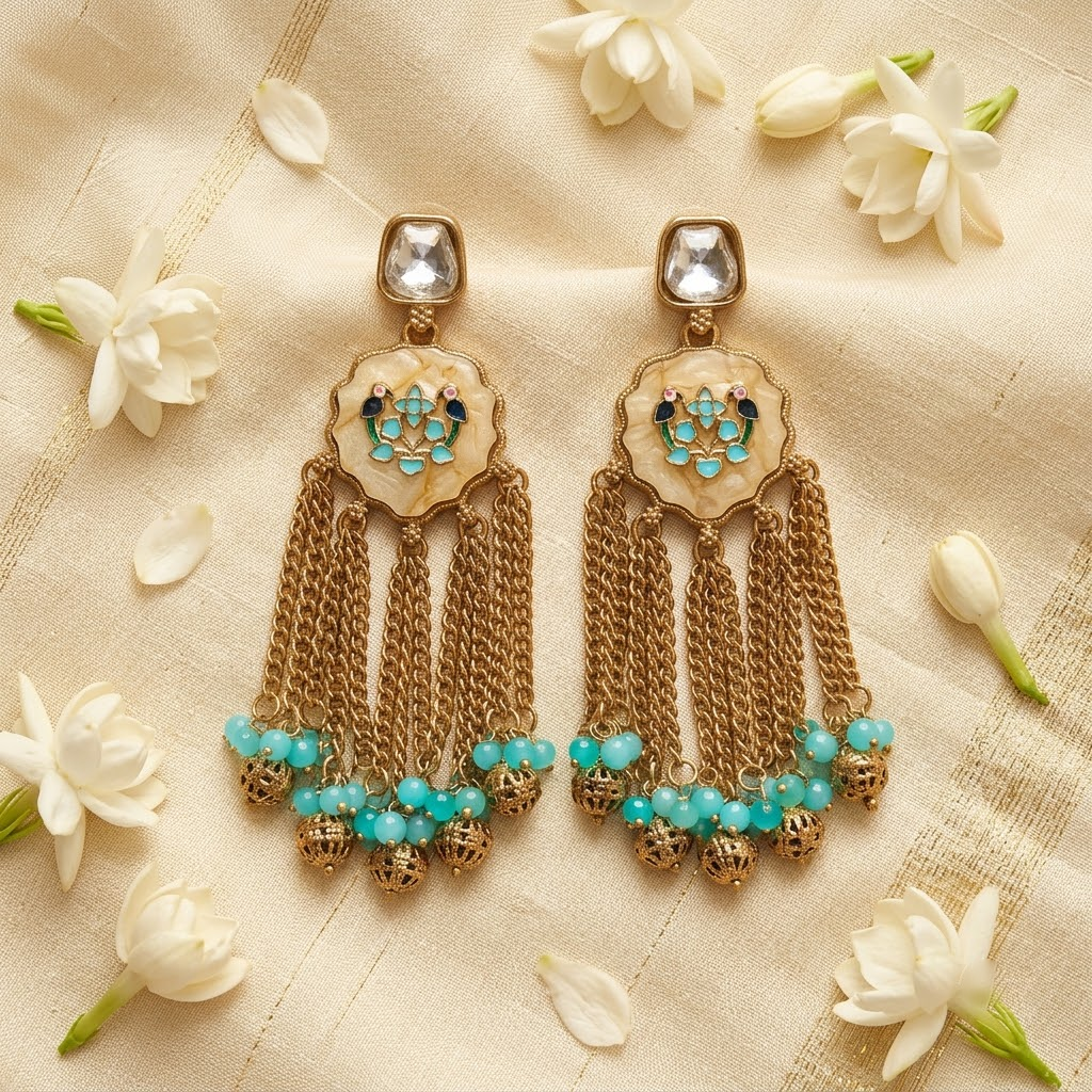 Gold-Tone Meenakari Bird & Cascading Chain Earrings | Lady Zone