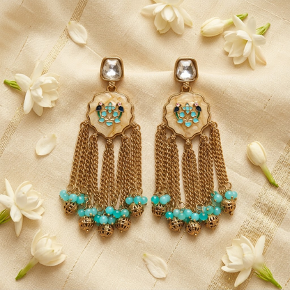 Gold-Tone Meenakari Bird & Cascading Chain Earrings | Lady Zone