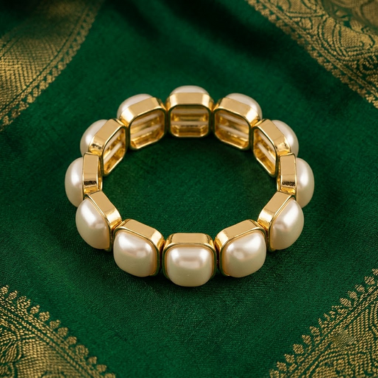 Elegant Gold-Framed Pearl Stretch Bracelet | Lady Zone