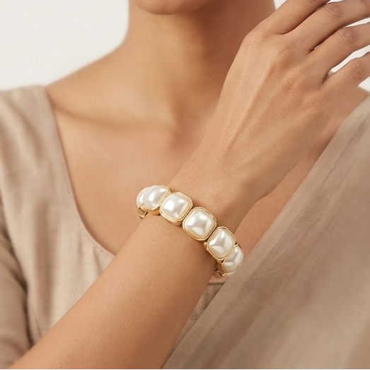Elegant Gold-Framed Pearl Stretch Bracelet | Lady Zone