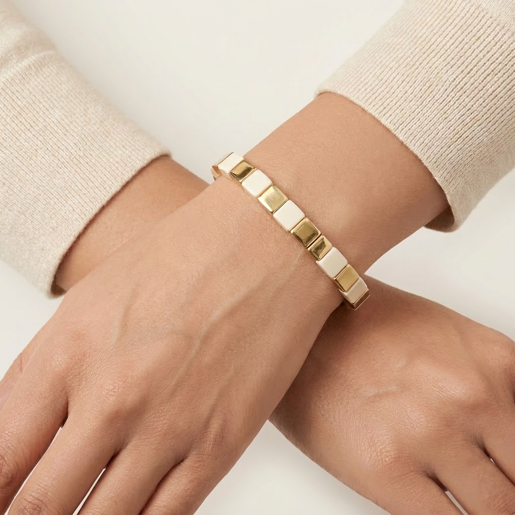 Classic Ivory & Gold Square Bead Stretch Bracelet | Lady Zone