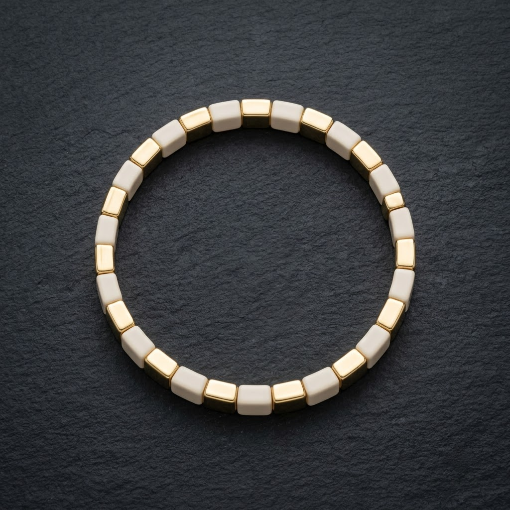 Classic Ivory & Gold Square Bead Stretch Bracelet | Lady Zone