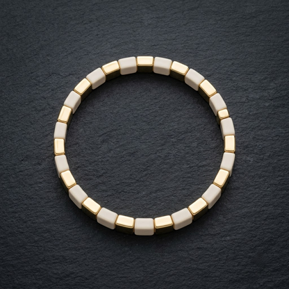 Classic Ivory & Gold Square Bead Stretch Bracelet | Lady Zone