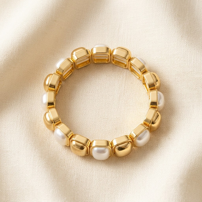 Elegant Gold-Framed Pearl Stretch Bracelet | Lady Zone