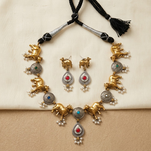 Oxidised German Silver Cow Motif Necklace Set with Multicolor Stones