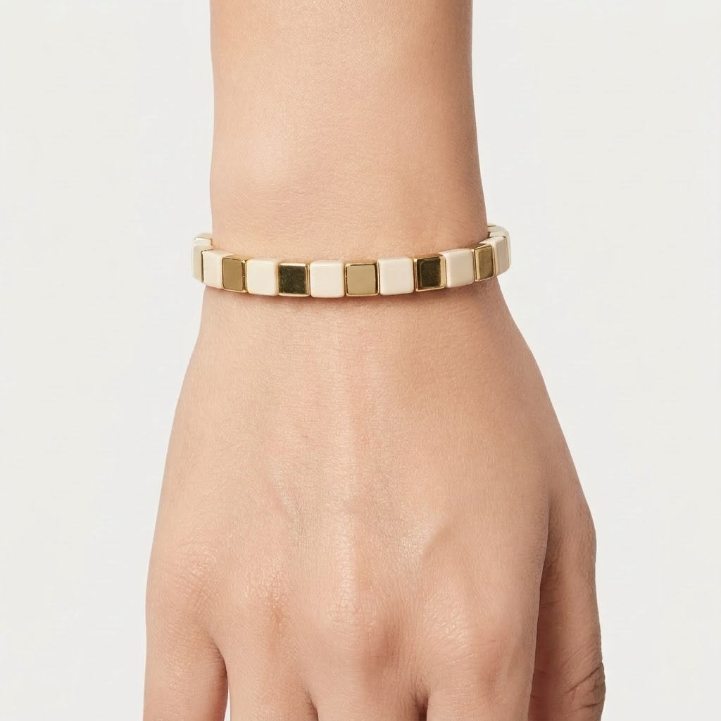 Classic Ivory & Gold Square Bead Stretch Bracelet | Lady Zone