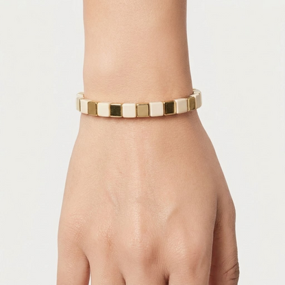 Classic Ivory & Gold Square Bead Stretch Bracelet | Lady Zone