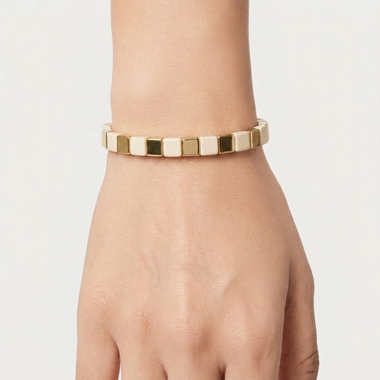 Classic Ivory & Gold Square Bead Stretch Bracelet | Lady Zone
