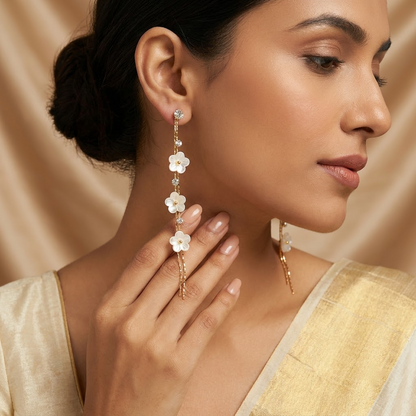 Delicate White Floral & Crystal Chain Drop Earrings | Lady Zone