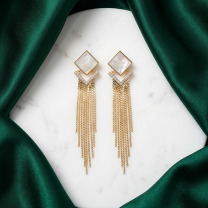 Geometric Mother-of-Pearl & Gold Chain Fringe Earrings | Lady Zone