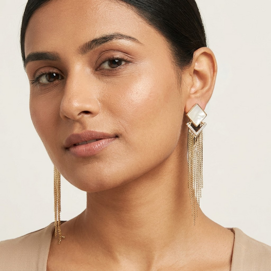 Geometric Mother-of-Pearl & Gold Chain Fringe Earrings | Lady Zone