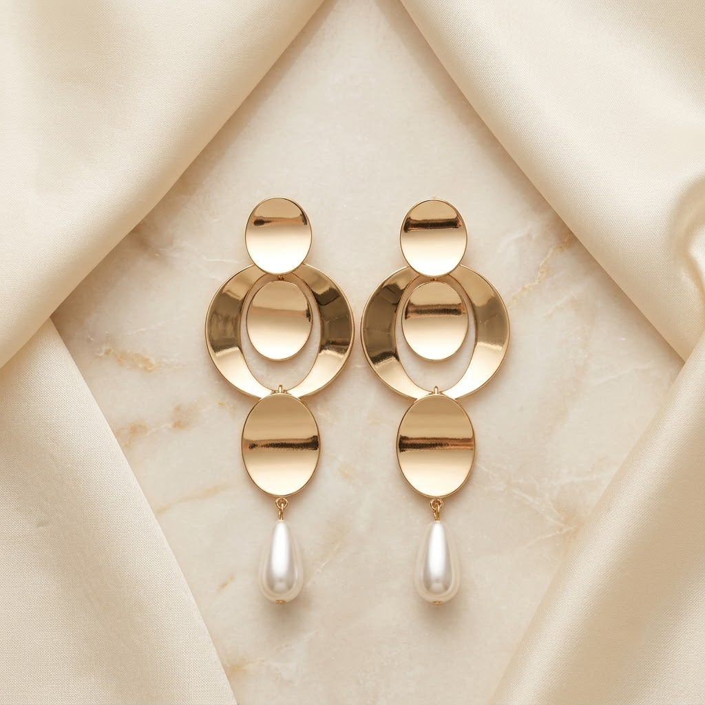 Modern Geometric Gold & Pearl Drop Earrings | Lady Zone