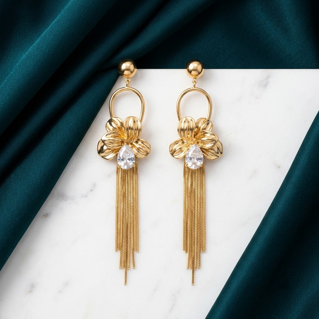 Golden Floral & Crystal Fringe Statement Earrings | Lady Zone