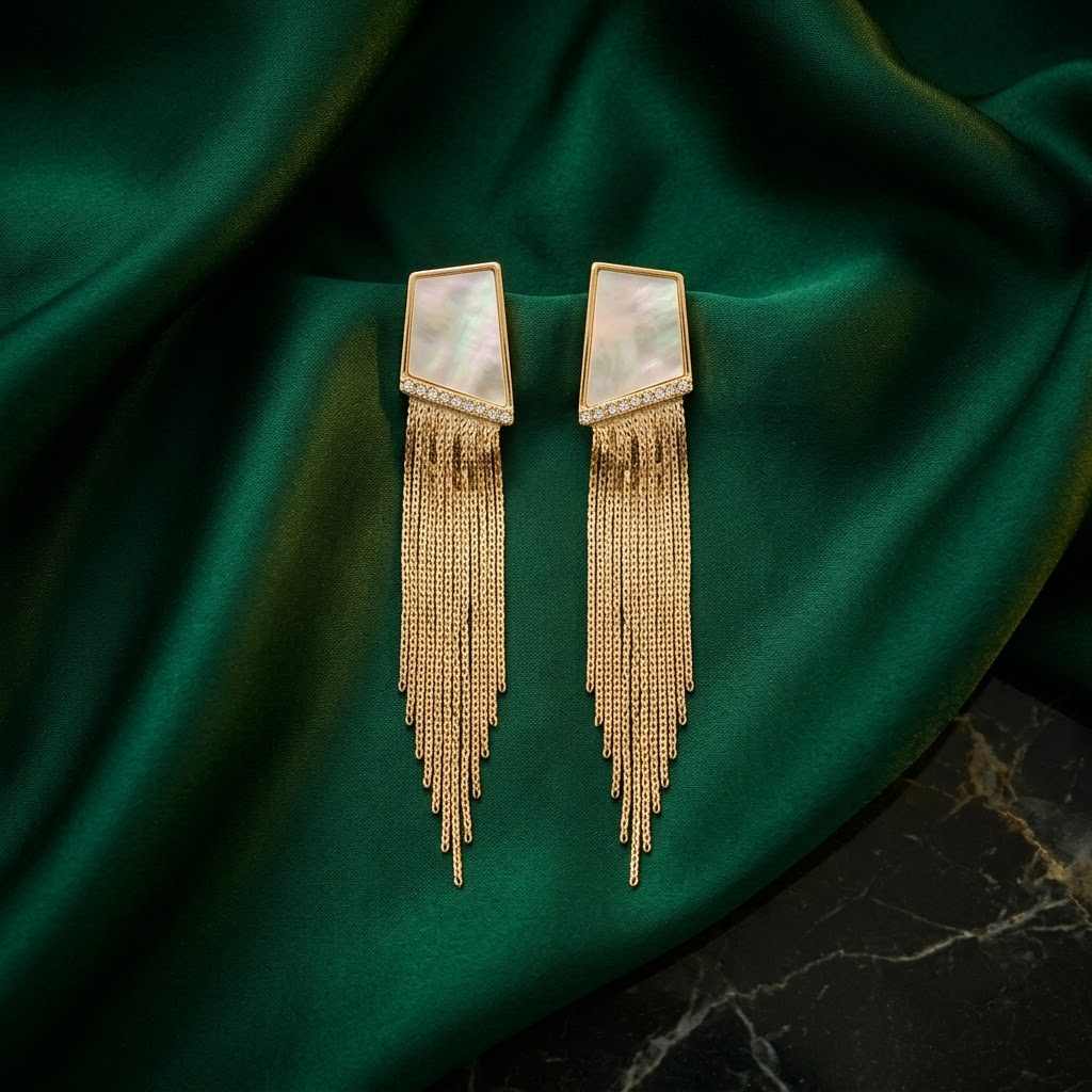 Geometric Mother-of-Pearl & Gold Fringe Statement Earrings | Lady Zone