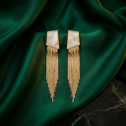 Geometric Mother-of-Pearl & Gold Fringe Statement Earrings | Lady Zone