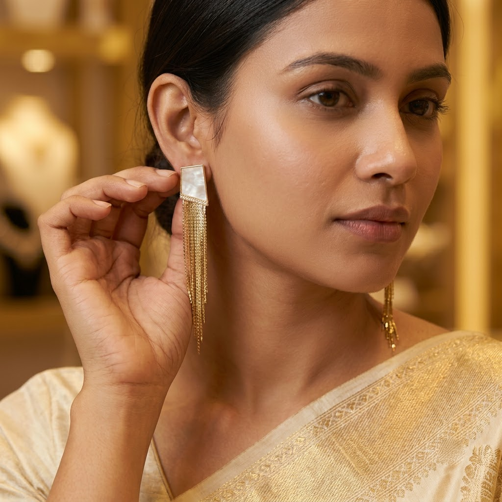 Geometric Mother-of-Pearl & Gold Fringe Statement Earrings | Lady Zone