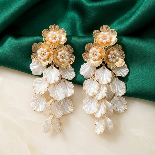 Luxurious Cascading Golden Floral & Pearl Petal Statement Earrings | Lady Zone