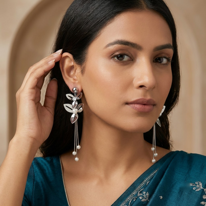 Silver Leaf & Pearl Drop Statement Earrings | Lady Zone