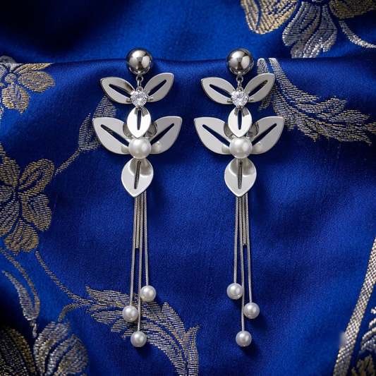 Silver Leaf & Pearl Drop Statement Earrings | Lady Zone