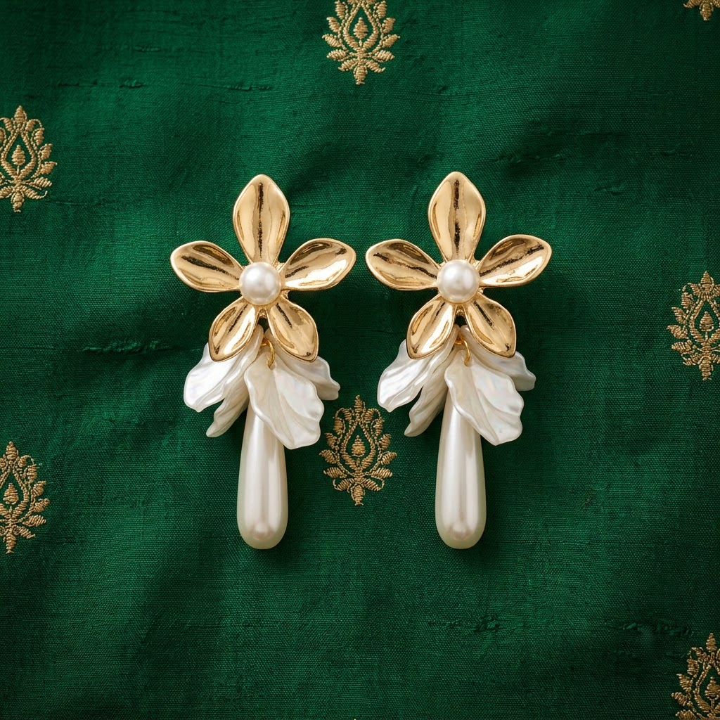 Golden Blossom & Pearl Drop Statement Earrings | Lady Zone